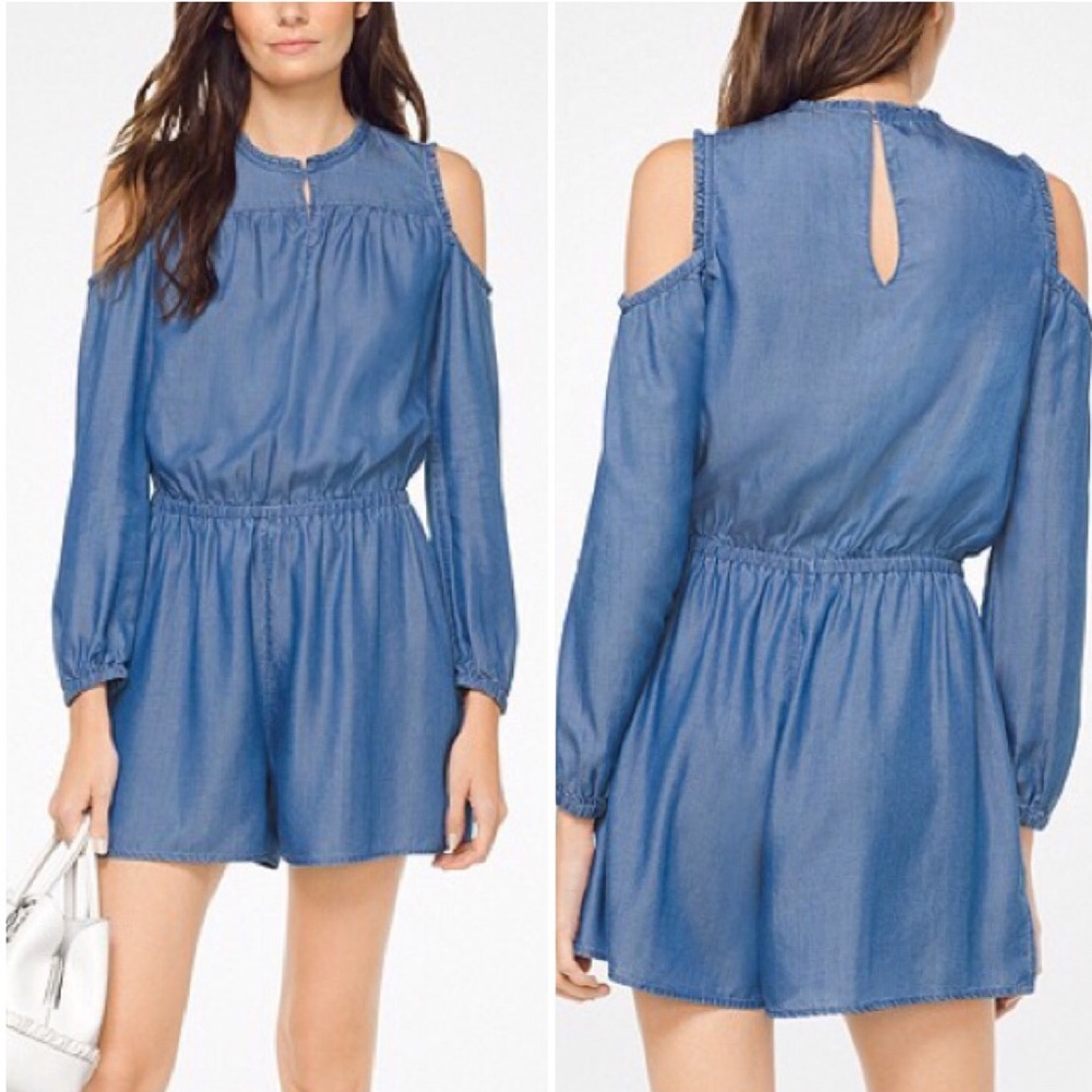 NWT Michael Kors Chambray Cold Shoulder Romper Long Sleeves Blue Sz S